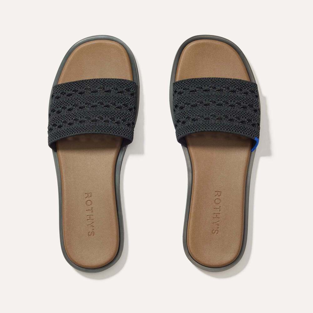 Rothy's Black Knit Slide Sandals with Brown Footbed